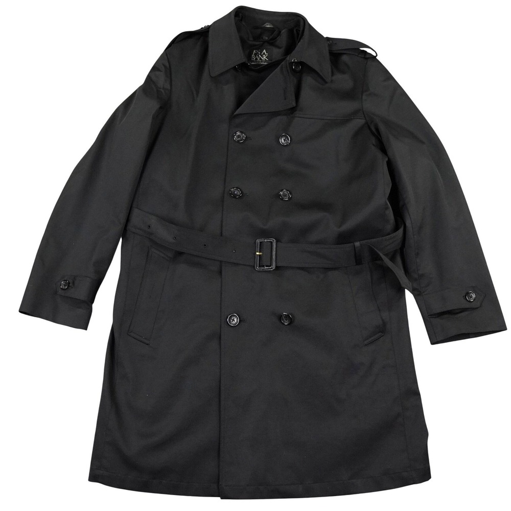 Jos A Bank Trench Coat Men 42R Black Travelers Liner Belted Double Breasted